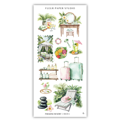 various illustrations related to a tropical theme, including palm trees, flowers, luggage, and other objects typically associated with a beach or vacation setting.