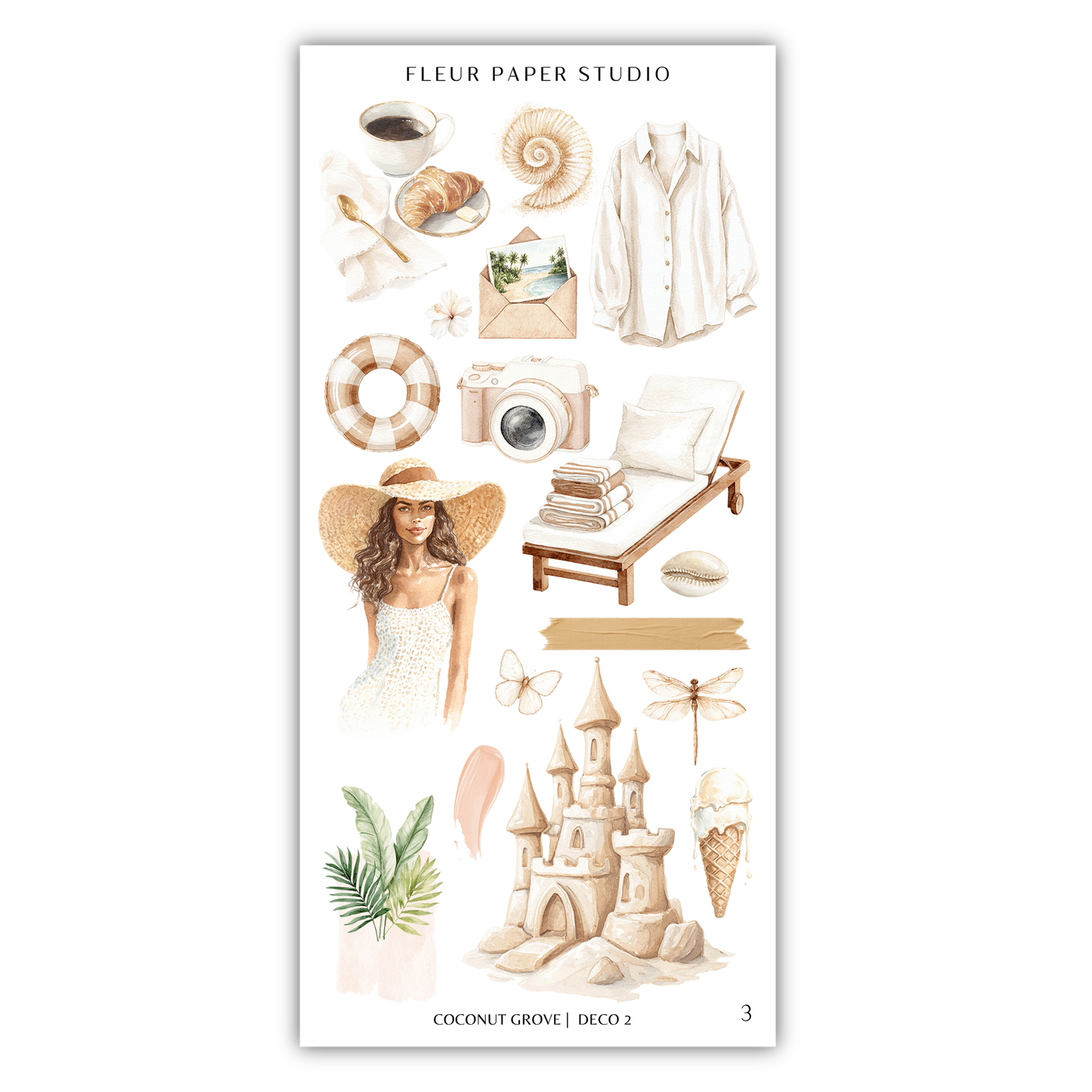 various objects and illustrations related to the theme of "Fleur Paper Studio", including a woman in a hat, a castle, a beach, a camera, and other beach-related items.