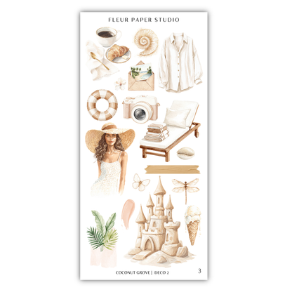 various objects and illustrations related to the theme of "Fleur Paper Studio", including a woman in a hat, a castle, a beach, a camera, and other beach-related items.