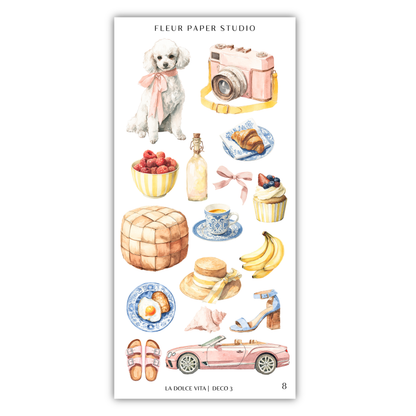 various objects and scenes, including a poodle, a camera, a bowl of fruit, a basket, a cupcake, a banana, a hat, a car, and a pair of sandals. The objects are arranged in a vertical column, creating a visually appealing and organized display.