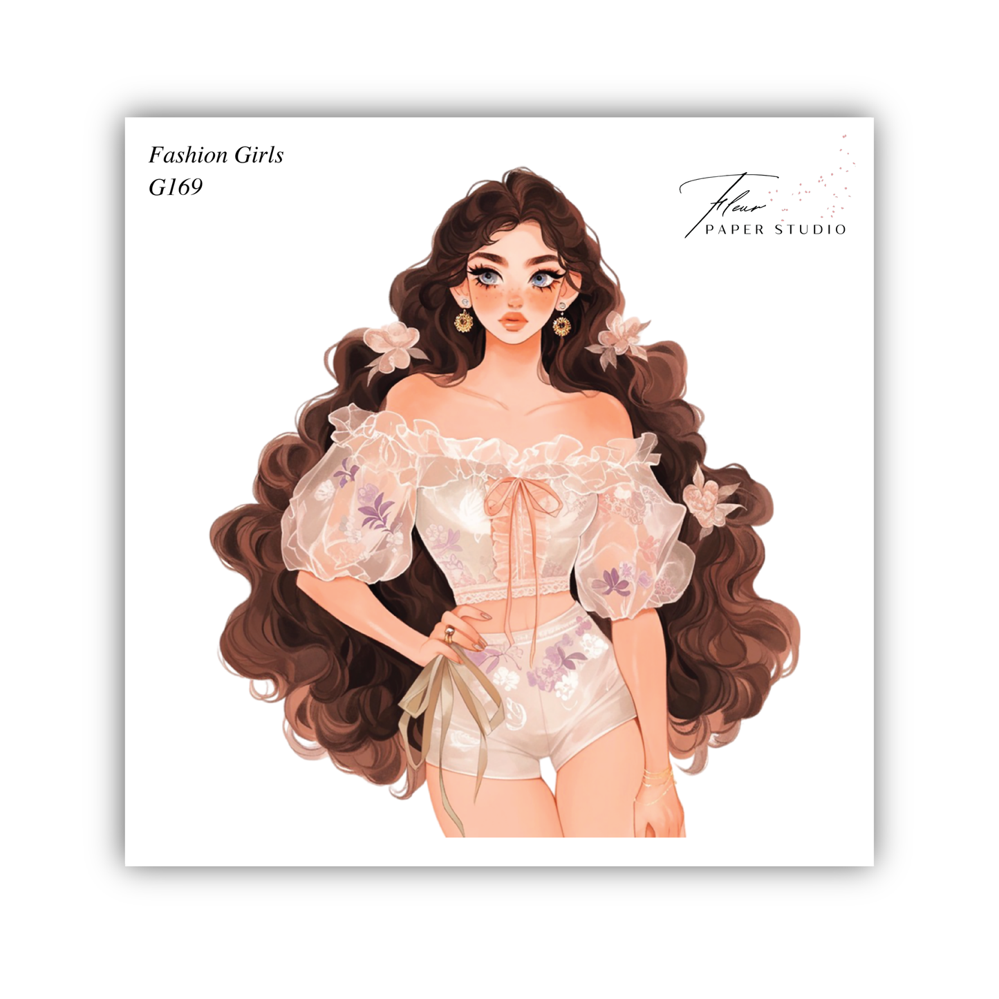 A stylized illustration of a young woman with long, curly hair wearing a white off-the-shoulder top with floral patterns and a matching skirt.