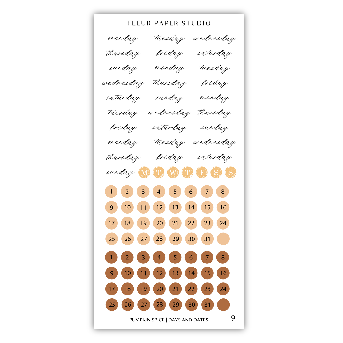 The image is a collection of nine calendar days and dates, with each day represented by a different color. The days are Monday through Sunday, and the dates are from October 1 to October 9. The calendar also includes a section for the word "Pumpkin Spice" and a section for the word "DAYS AND DATES".