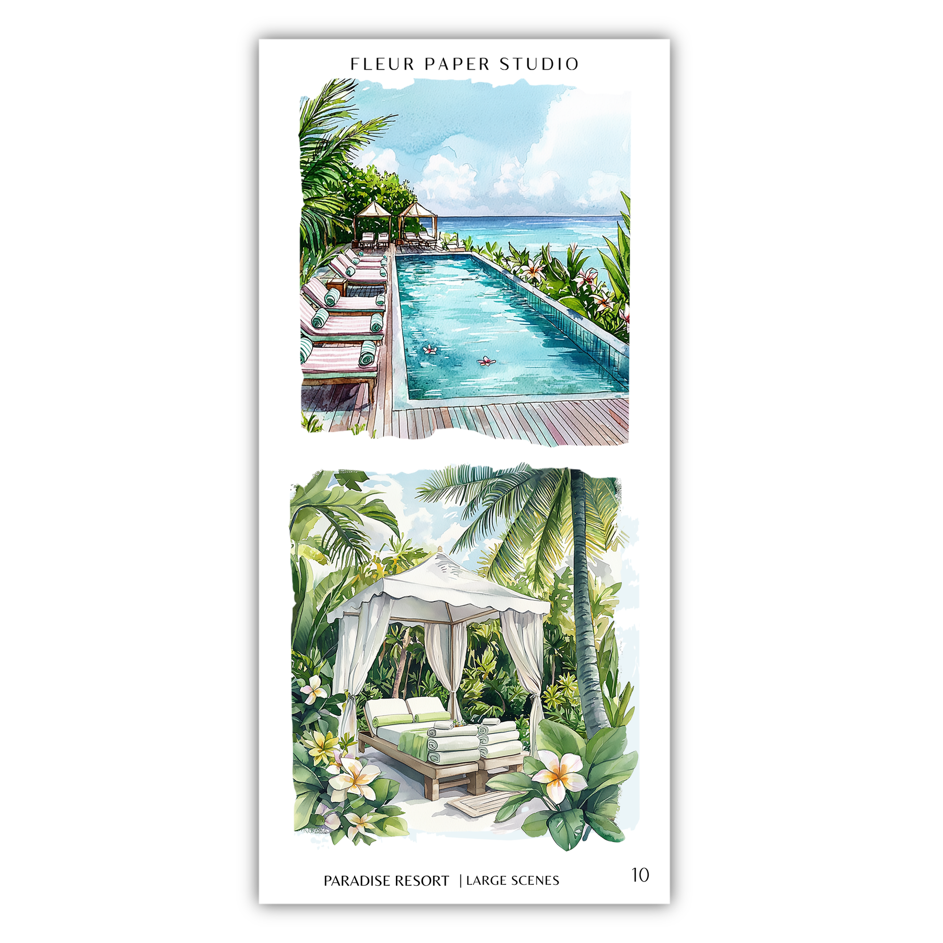 The image is a collage of two scenes from a tropical resort, featuring a swimming pool, a canopy, and lush greenery.