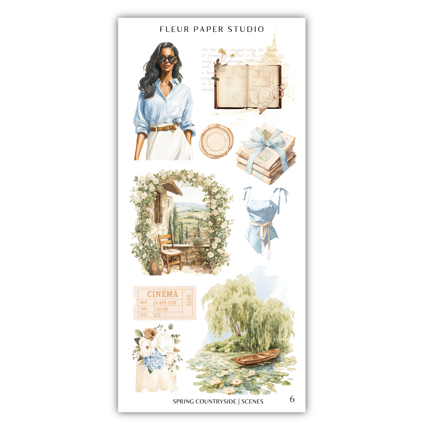 The image is a collage of various scenes and objects, including a woman, a book, a plate, a vase, a chair, a table, a boat, and a garden.