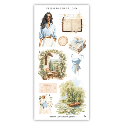 The image is a collage of various scenes and objects, including a woman, a book, a plate, a vase, a chair, a table, a boat, and a garden.