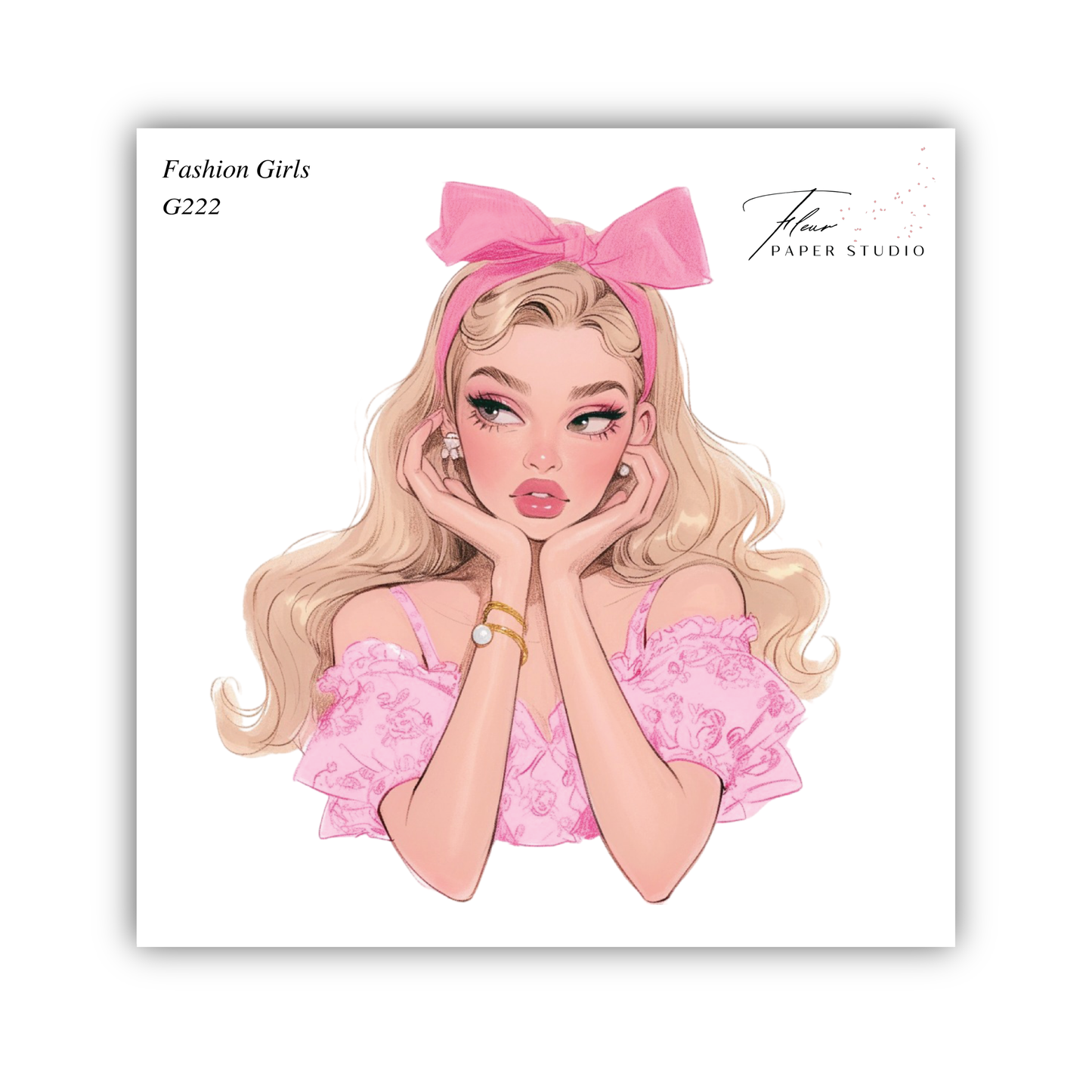 A stylized illustration of a young woman with blonde hair wearing a pink dress and a pink bow, with her hands on her face.