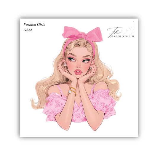 A stylized illustration of a young woman with blonde hair wearing a pink dress and a pink bow, with her hands on her face.