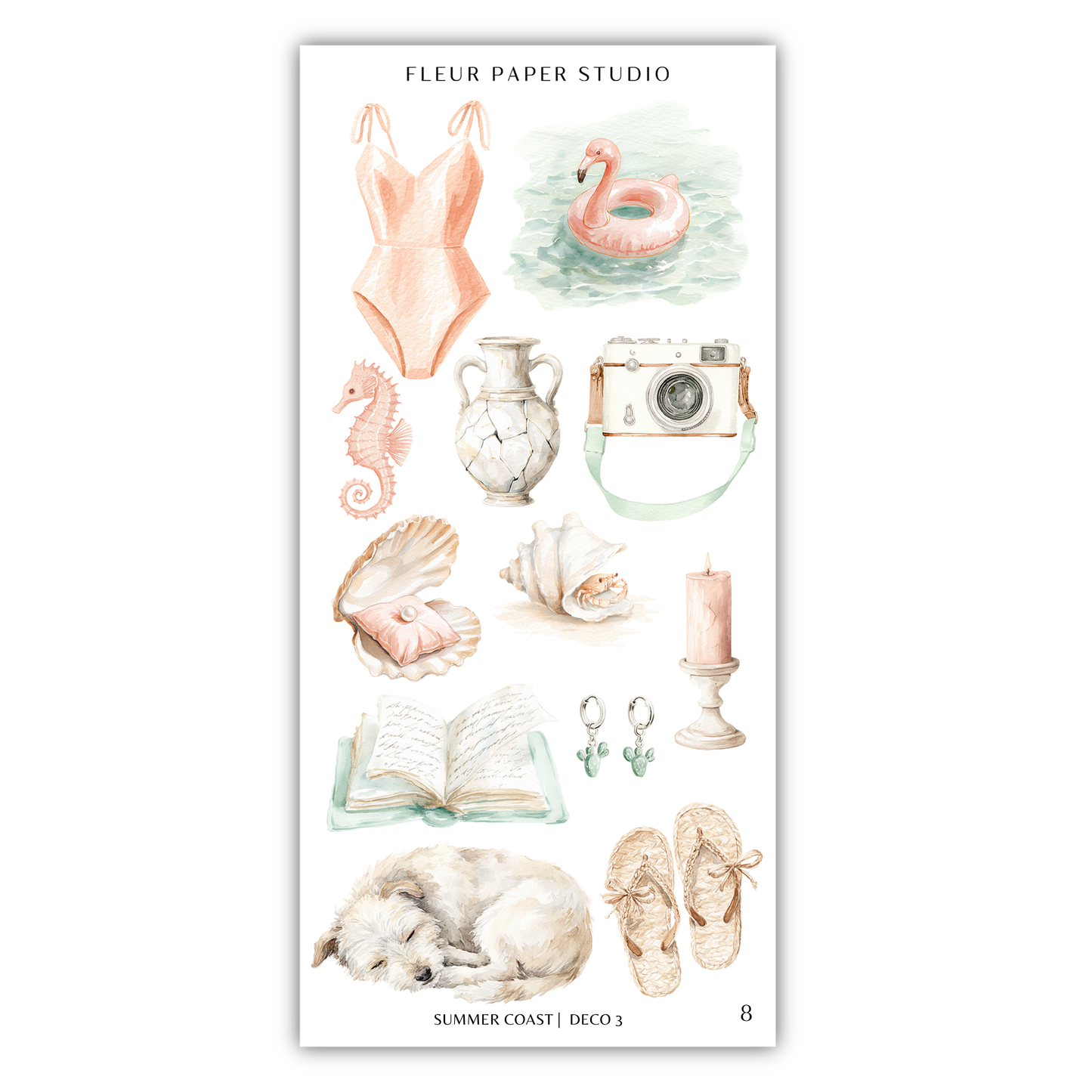 a collection of illustrations related to summer, including a swimsuit, flamingo, camera, seashell, candle, book, dog, and sandals.