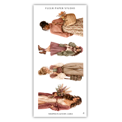 The image is a collage of four different illustrations of women in autumn attire, each holding a basket of flowers.