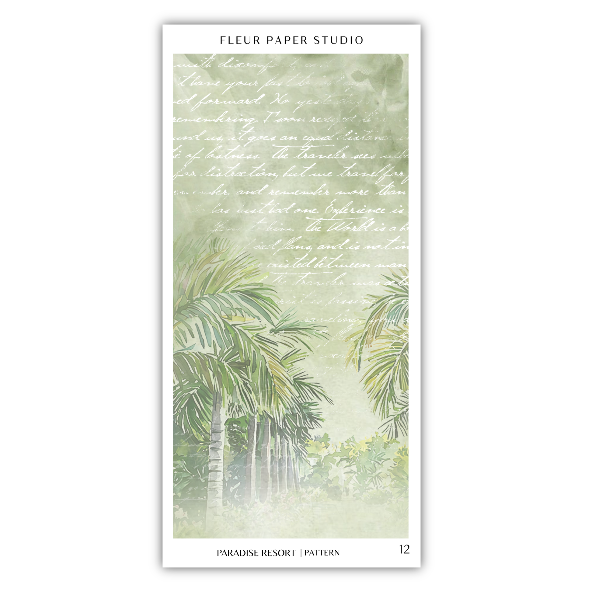 The image is a watercolor painting of a tropical forest scene with palm trees and lush greenery.
