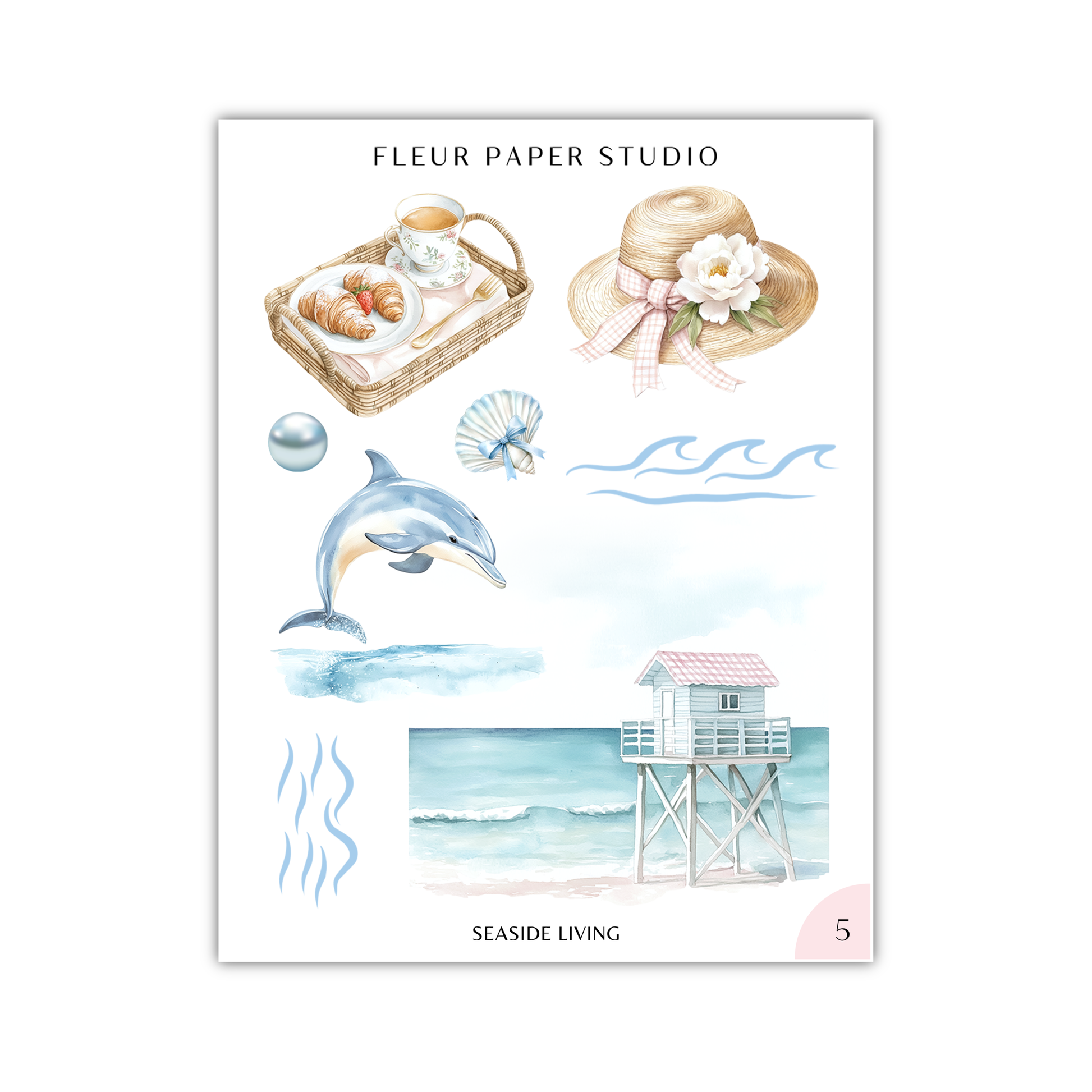 The image is a collage of various water-themed illustrations, including a basket of food, a straw hat, a dolphin, a lifeguard tower, and a seascape.