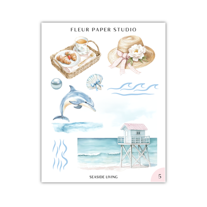 The image is a collage of various water-themed illustrations, including a basket of food, a straw hat, a dolphin, a lifeguard tower, and a seascape.