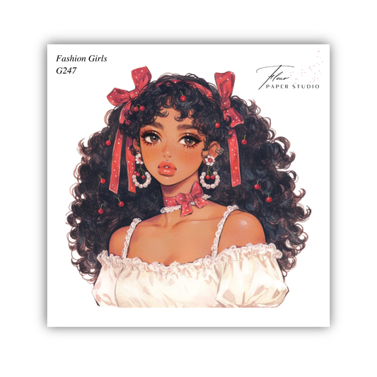 A stylized illustration of a young woman with curly hair, wearing a white off-the-shoulder dress and red bows.