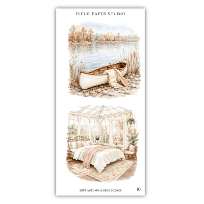 The image is a collage of two scenes, one depicting a canoe on a lake and the other showing a bedroom with a large window and a greenhouse.