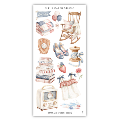 various objects related to American culture, such as a rocking chair, a baseball glove, a book, a radio, and a strawberry.