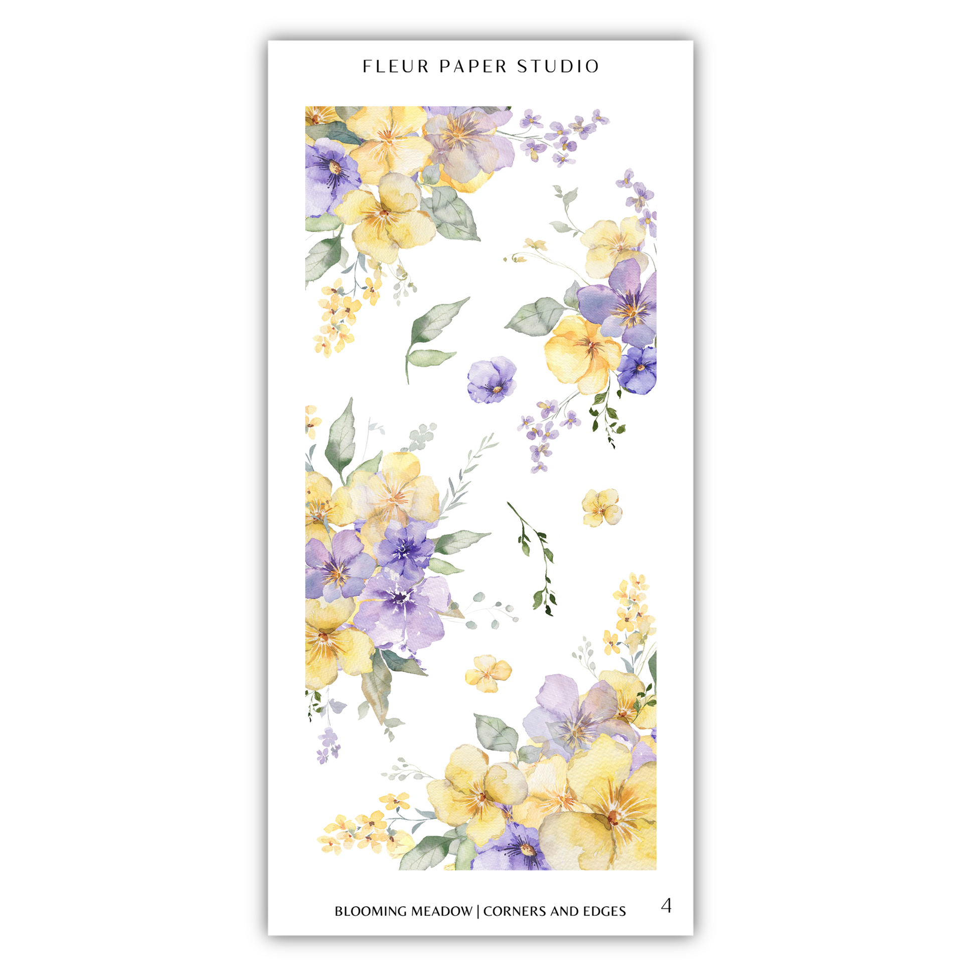 The image is a collage of various watercolor floral designs, including yellow and purple flowers, along with green leaves and stems. The collage is titled "Blooming Meadow / Corners and Edges" and is part of the "Fleur Paper Studio" collection.