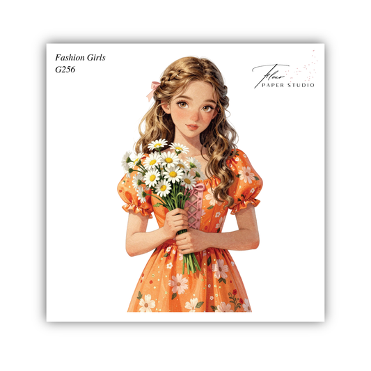 A young woman in an orange dress holding a bouquet of white and yellow flowers, with a thoughtful expression on her face.