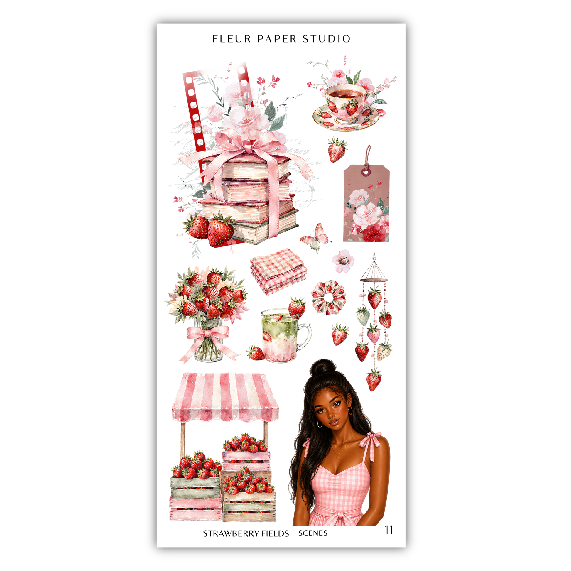 The image is a collage of various pink and white-themed items, including flowers, a cup, a book, and a woman.