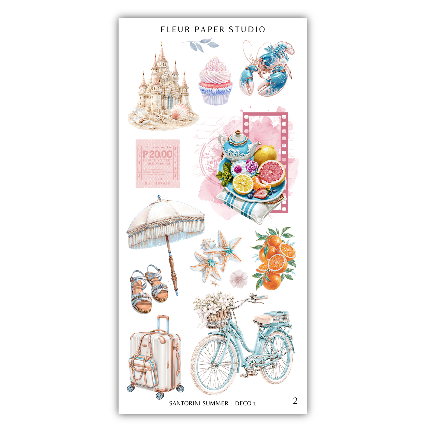various colorful and whimsical illustrations, including a castle, cupcake, lobster, fruit, umbrella, bicycle, and other summer-themed objects.