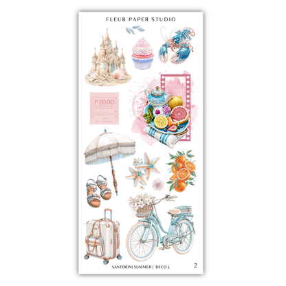 various colorful and whimsical illustrations, including a castle, cupcake, lobster, fruit, umbrella, bicycle, and other summer-themed objects.