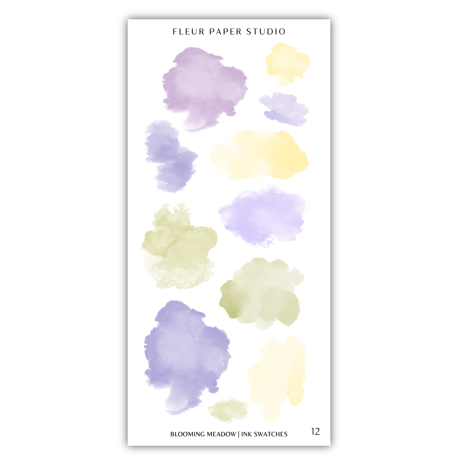 a collection of 12 watercolor paint splatter designs in various pastel colors, including shades of purple, yellow, and green.