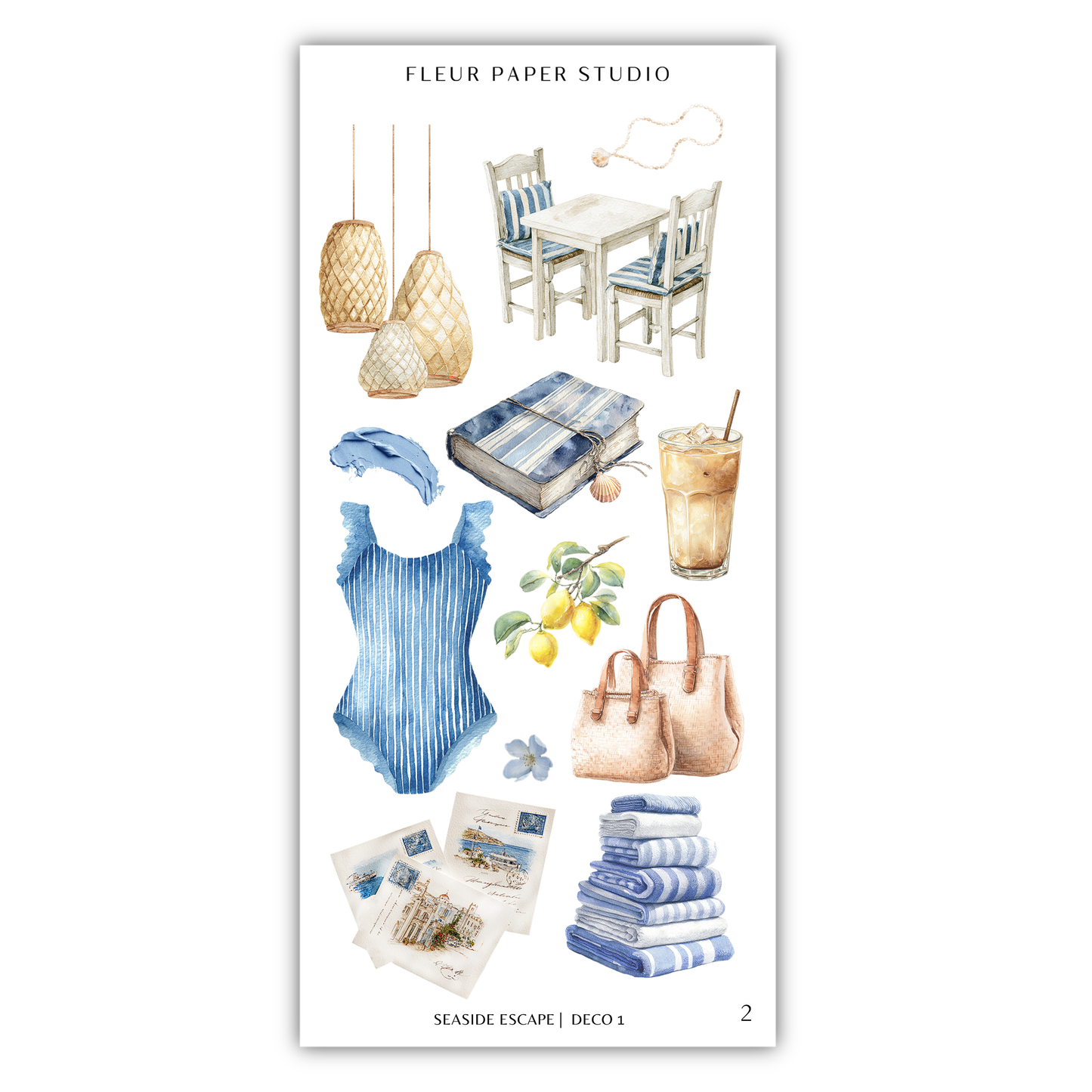 various objects and items related to the theme of "Seaside Escape", including a blue and white striped swimsuit, a table and chairs, a glass of iced tea, a book, a flower, and a stack of towels.