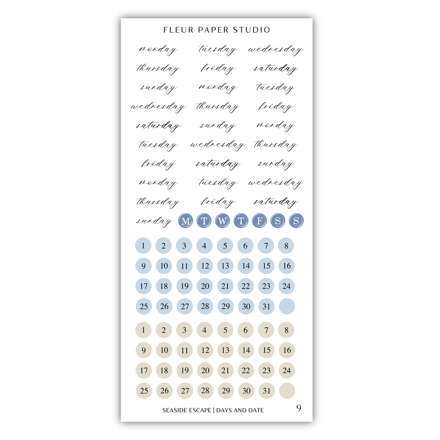 The image is a calendar and sticker set for the Fleur Paper Studio, featuring a calendar with days of the week and a sticker set with days of the week.