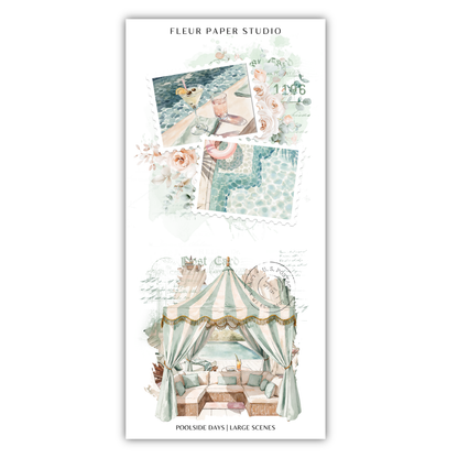 The image is a collage of various scenes, including a large, ornate tent, a swimming pool, and a person sitting on a bench. The collage is titled "Fleur Paper Studio" and includes several smaller images within it.