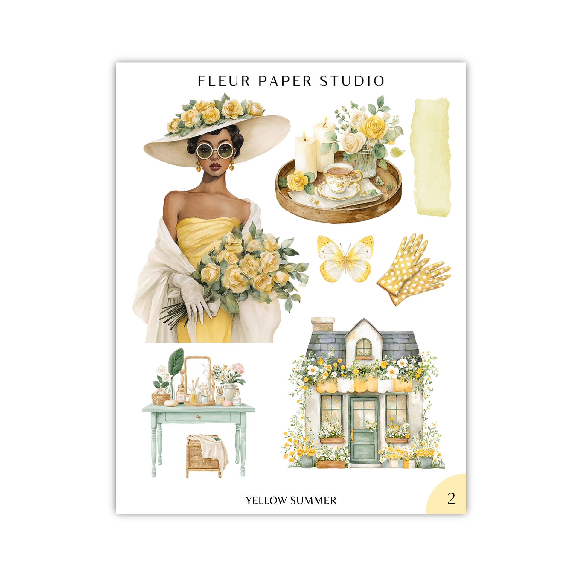 The image is a collage of various elements related to the theme of "Yellow Summer" from Fleur Paper Studio. It includes a woman in a yellow dress and hat, a vase of yellow flowers, a butterfly, a house, and a table with a plant.