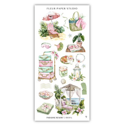 various illustrations of tropical and beach-themed items, including a beach chair, umbrella, potted plant, luggage, and other decorative objects.