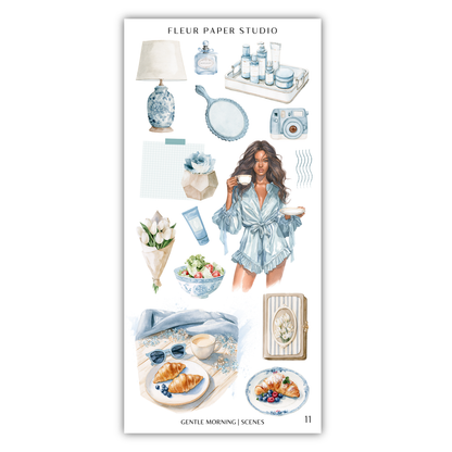 The image is a collage of various objects and scenes, including a lamp, a woman in a blue robe, a camera, a vase, a bowl of fruit, a plate of croissants, and a cup of coffee. The objects and scenes are arranged in a visually appealing manner, showcasing different elements of daily life and leisure activities.