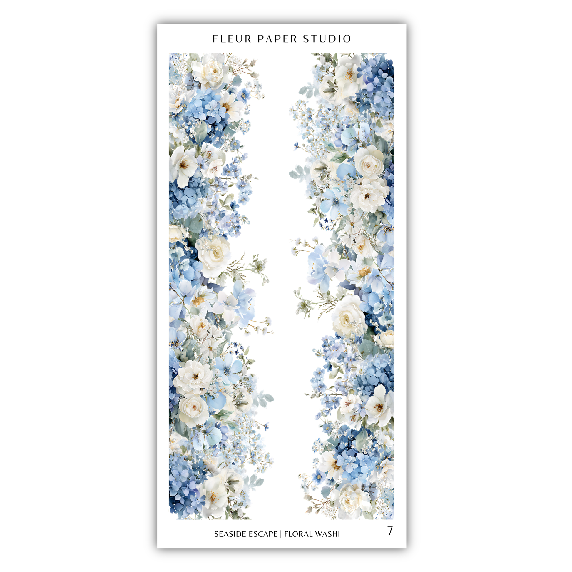 a floral arrangement with blue and white flowers, and it is titled "Seaside Escape (Feral Wash)" with the number "7" below it.