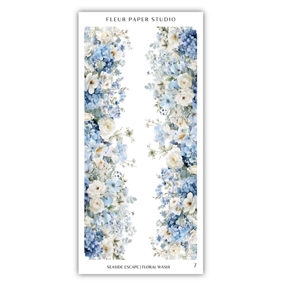 a floral arrangement with blue and white flowers, and it is titled "Seaside Escape (Feral Wash)" with the number "7" below it.