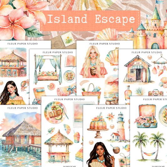 The image is a collage of various tropical-themed illustrations and objects, including a castle, huts, flowers, and other beach-related items.