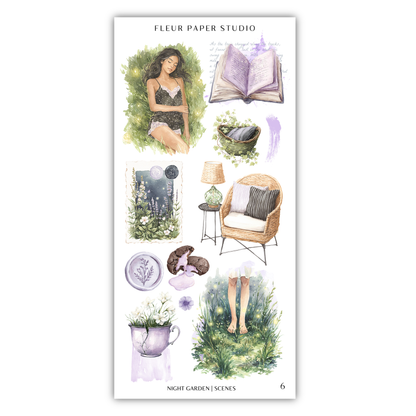 The image is a collage of various scenes and objects, including a woman, a book, a lamp, a chair, a plant, and a cup.