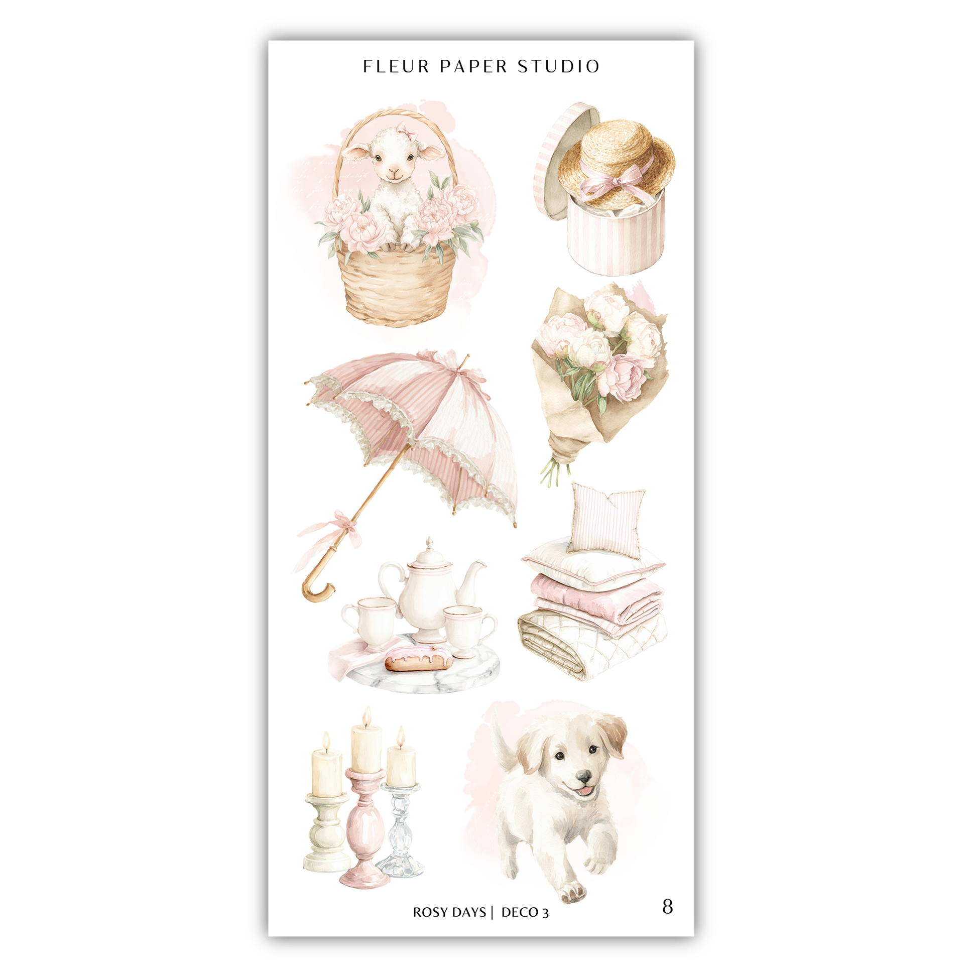a collection of illustrations related to the word "Fleur Paper Studio", including a basket of flowers, an umbrella, a teapot, a dog, and other decorative items.
