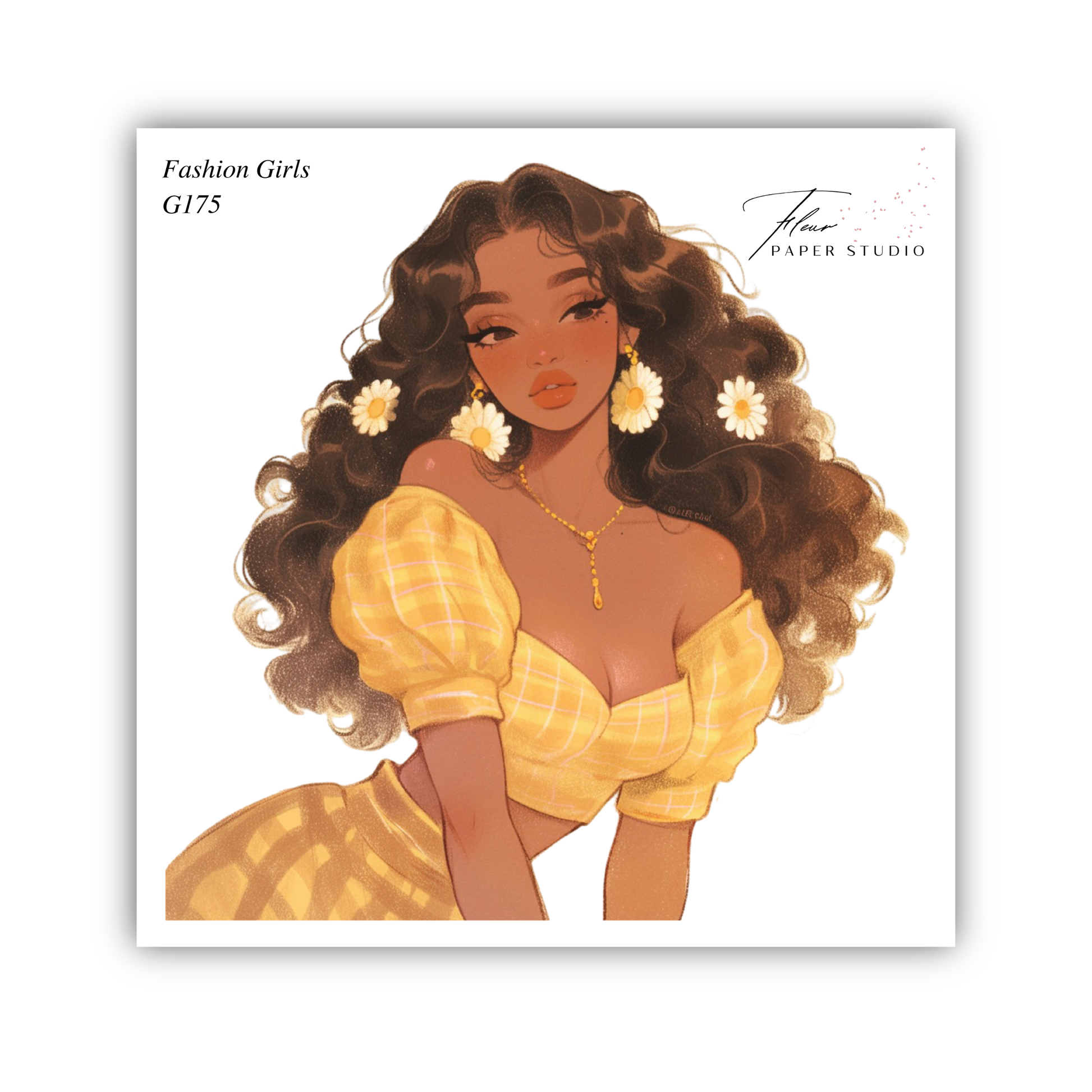 The image is a stylized illustration of a woman with long, curly hair wearing a yellow and white plaid dress and large earrings.