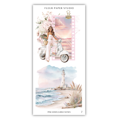 The image is a collage of two scenes featuring a woman on a scooter and a lighthouse on a beach.