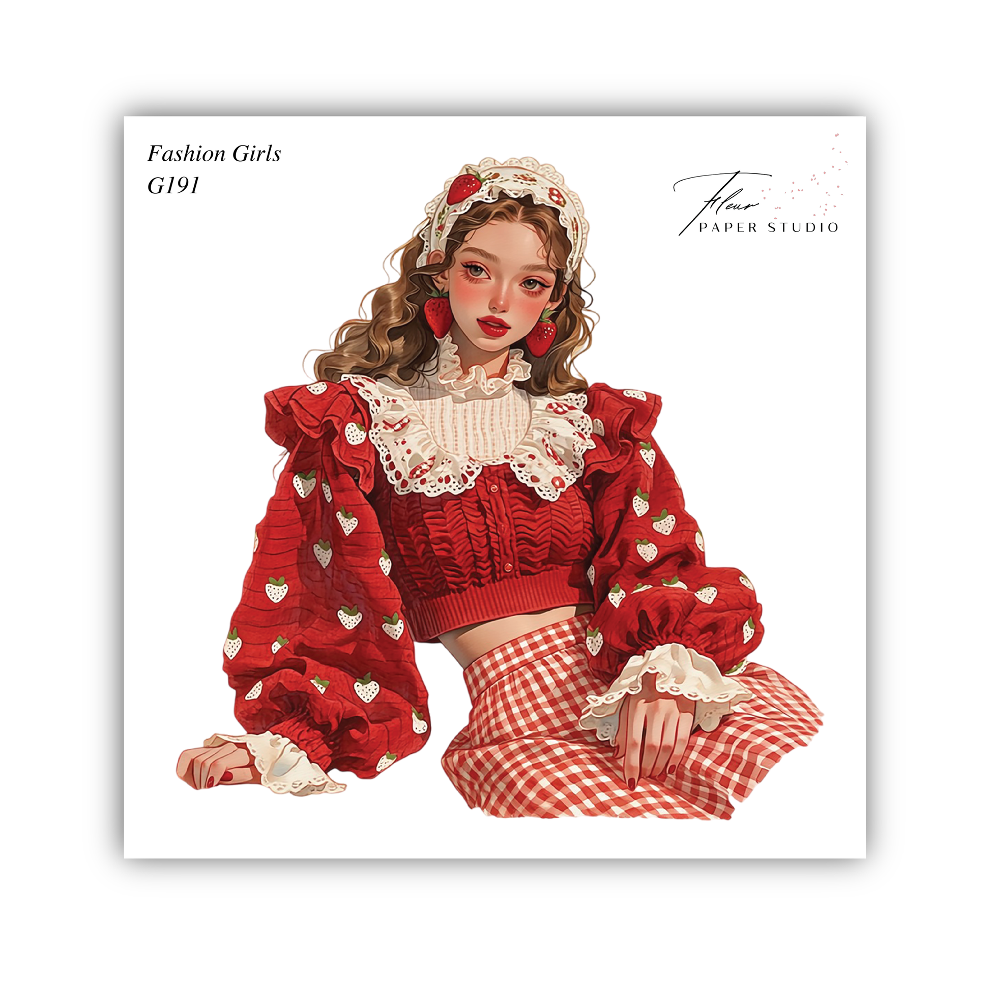 A stylized illustration of a young woman wearing a red and white patterned outfit, including a red and white dress with a lace collar and a red and white skirt.