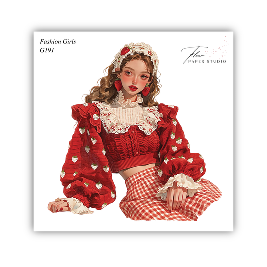 A stylized illustration of a young woman wearing a red and white patterned outfit, including a red and white dress with a lace collar and a red and white skirt.