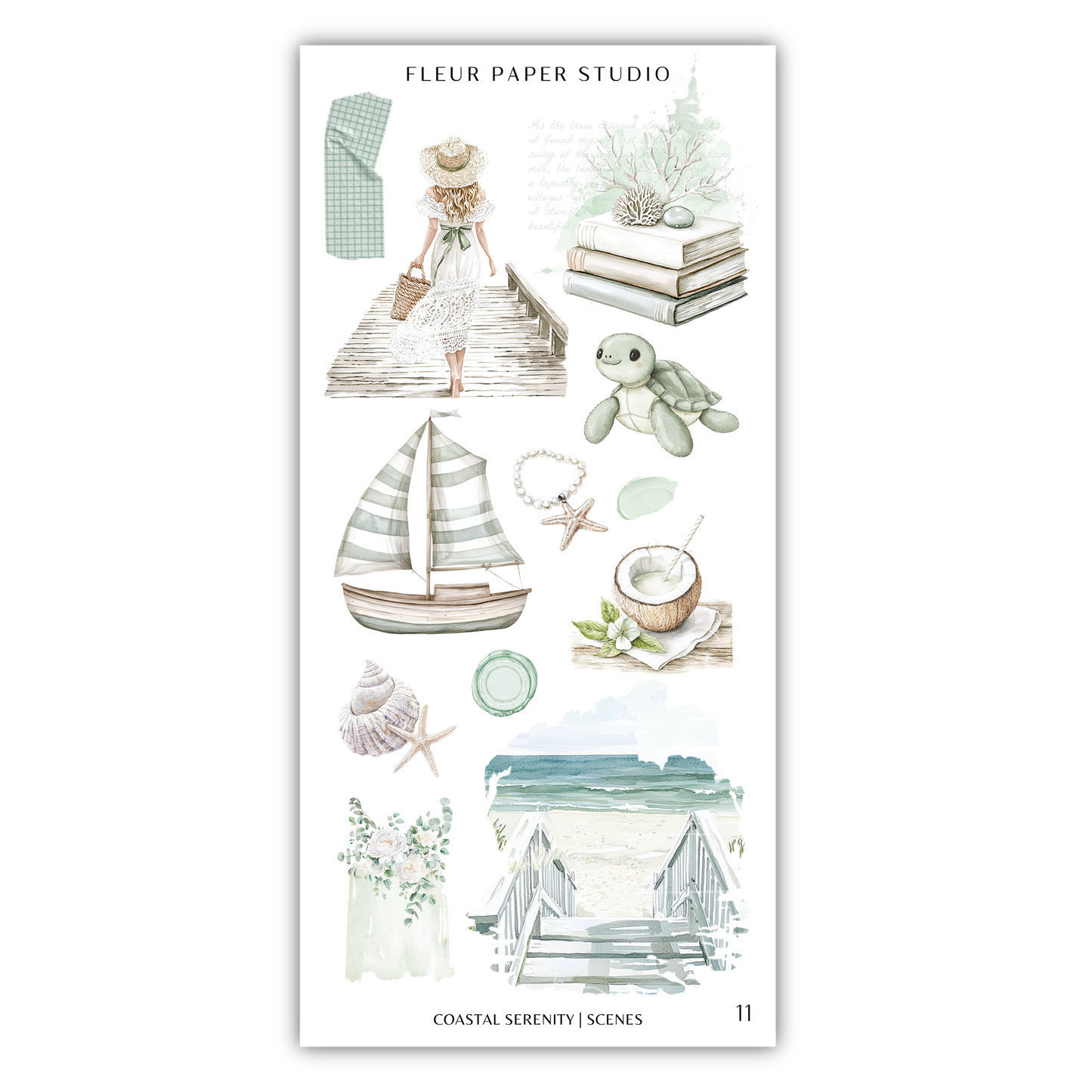 The image is a collage of various coastal scenes, including a woman walking on a wooden boardwalk, a sailboat, a turtle, a coconut, seashells, and a beach.