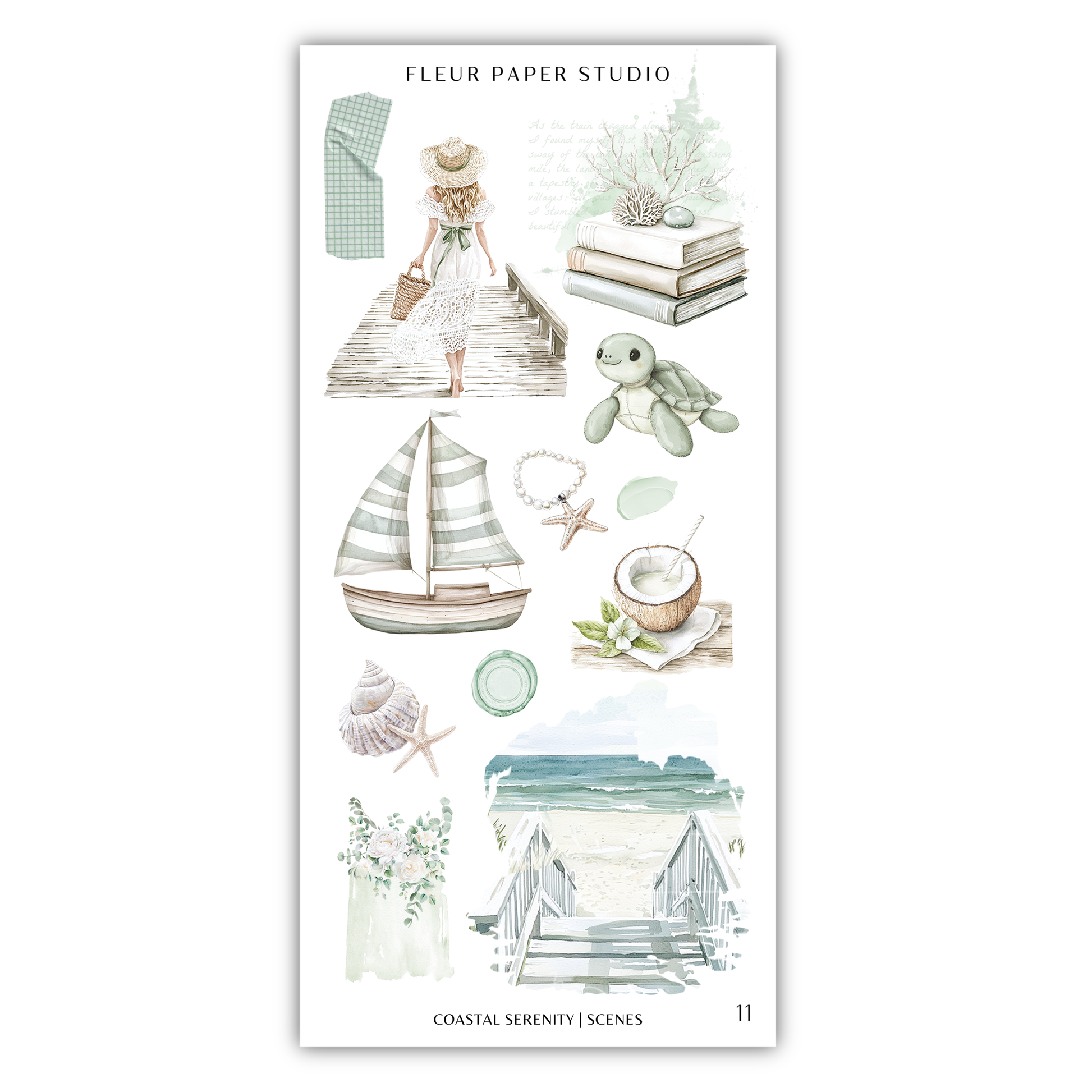 The image is a collage of various coastal scenes, including a woman walking on a wooden boardwalk, a sailboat, a turtle, a coconut, seashells, and a beach.
