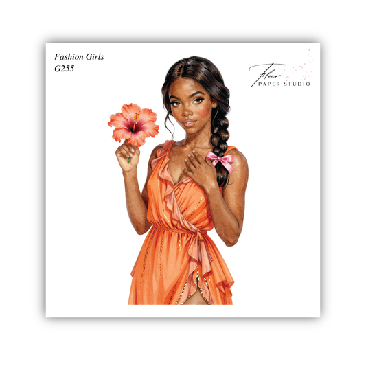 A woman in an orange dress holding a red flower, with the text "Fashion Girls G235" and "Paper Studio" displayed above and below the image.