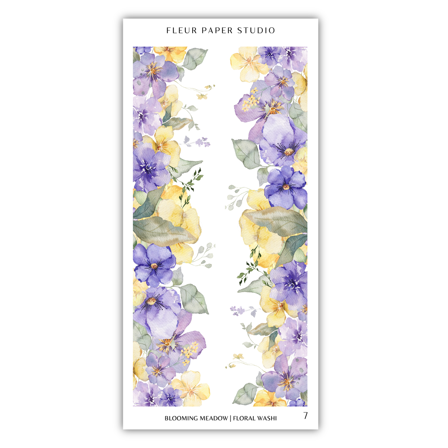 a floral border with purple and yellow flowers, along with green leaves, creating a vibrant and colorful design.