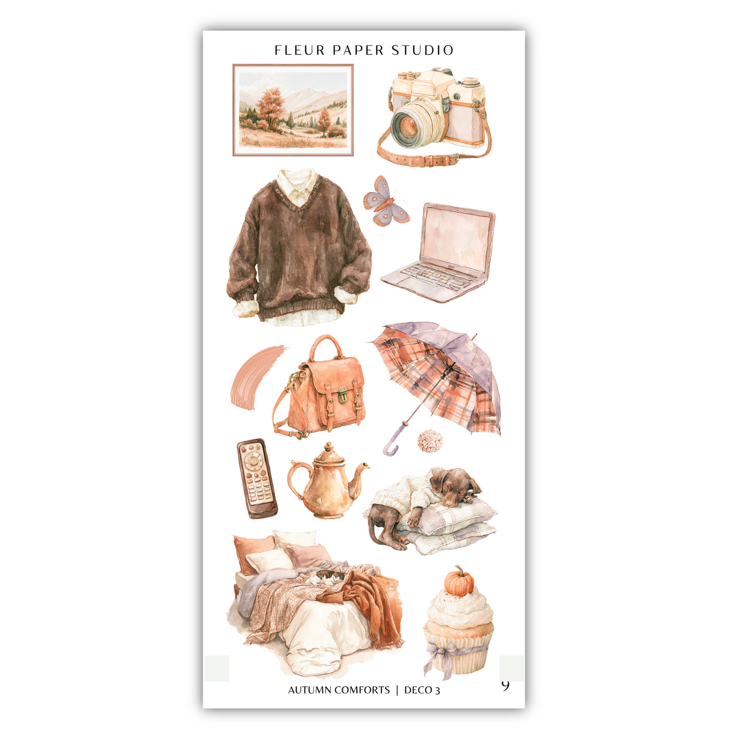various objects and items related to autumn, such as a sweater, camera, laptop, umbrella, cupcake, and bed, all arranged in a collage-like manner.