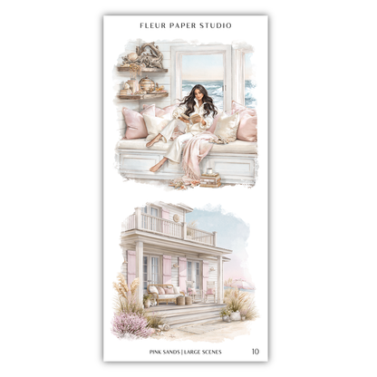 The image is a collage of two scenes. The top scene shows a woman sitting on a bench, reading a book, and the bottom scene depicts a house with a porch and a woman sitting on the porch.