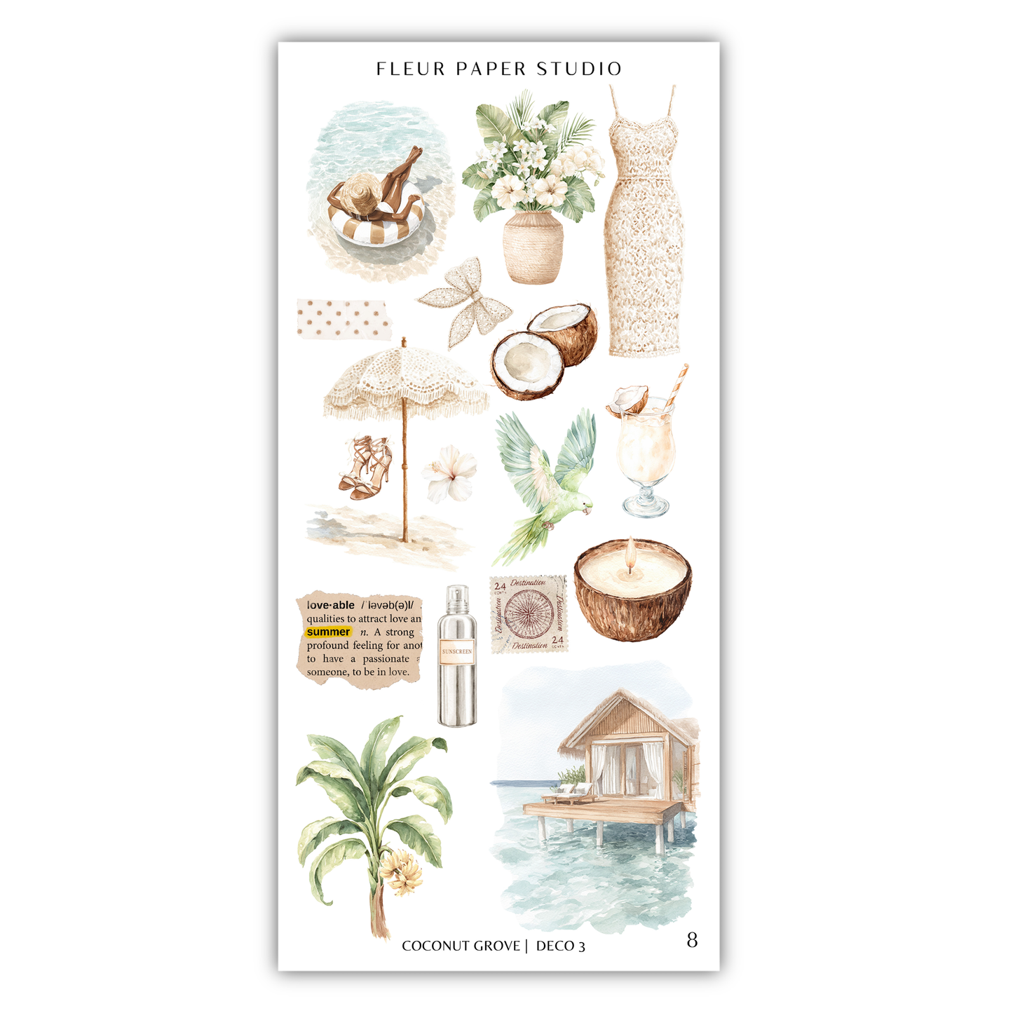 The image is a collage of various tropical and beach-themed items, including a dress, umbrella, flowers, a bird, a coconut, a bottle, a house, and palm trees.