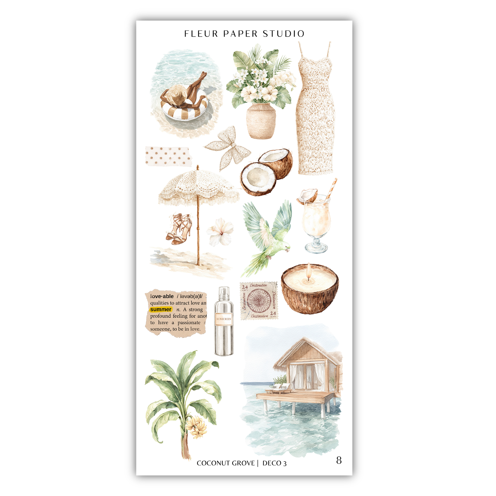 The image is a collage of various tropical and beach-themed items, including a dress, umbrella, flowers, a bird, a coconut, a bottle, a house, and palm trees.