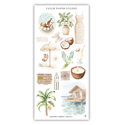 The image is a collage of various tropical and beach-themed items, including a dress, umbrella, flowers, a bird, a coconut, a bottle, a house, and palm trees.