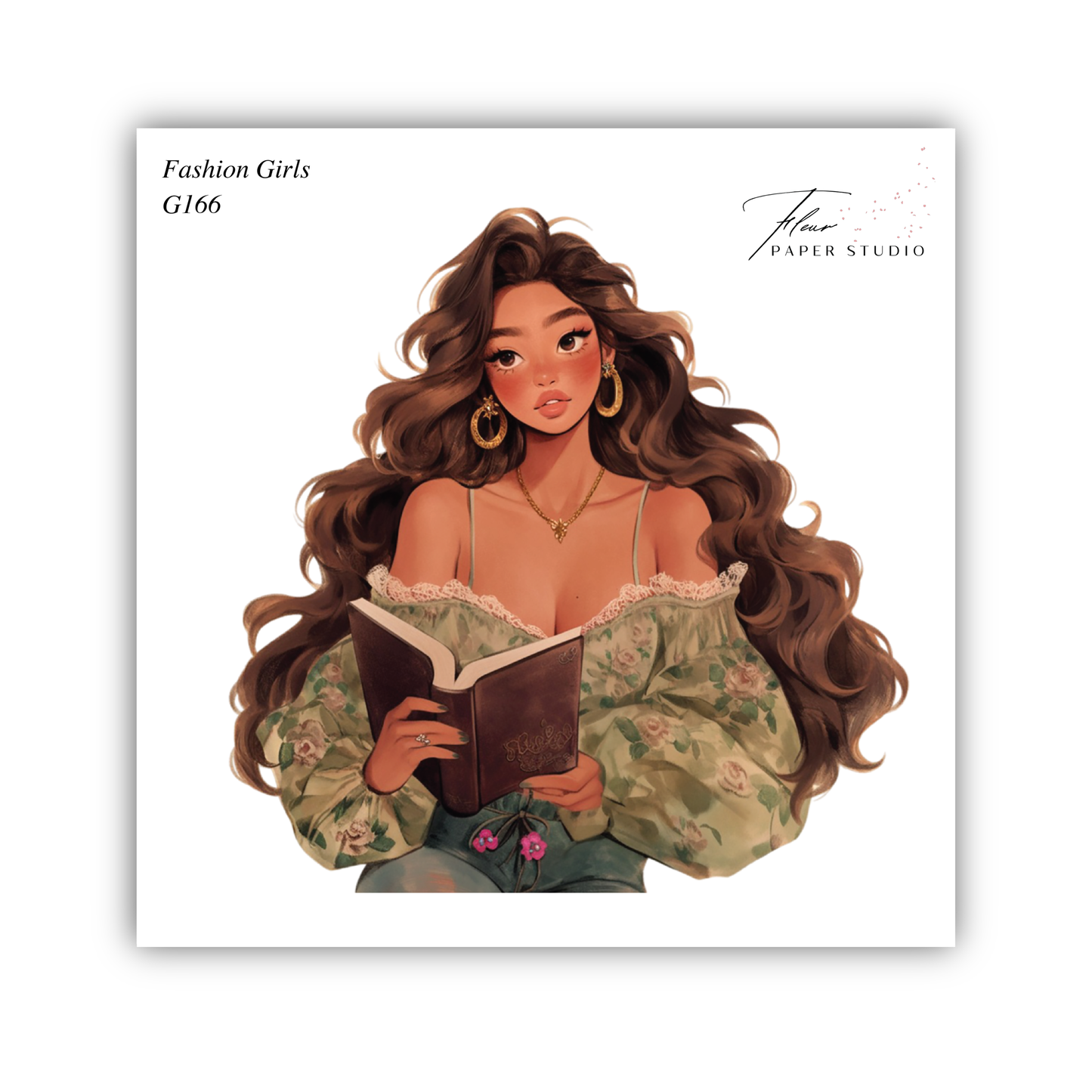 A stylized illustration of a woman with long, wavy brown hair holding a book, wearing a floral print top and earrings.